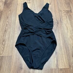 Lands End Womens Solid Black One Piece Swim Suit Slimming Wrap Size 8P Petite